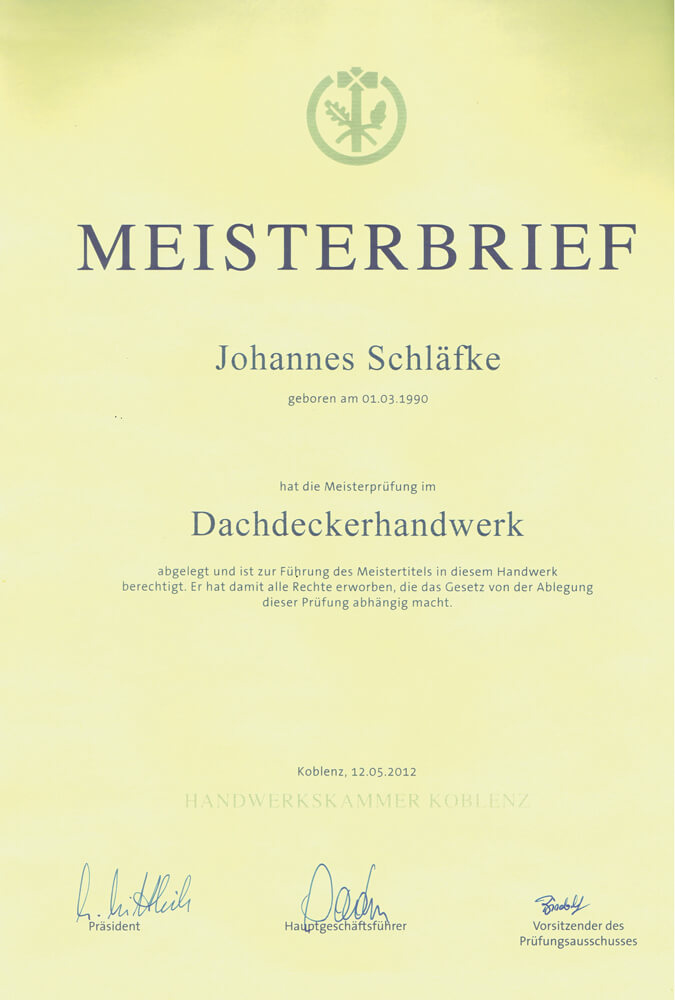 Meisterbrief Johannes Schläfke