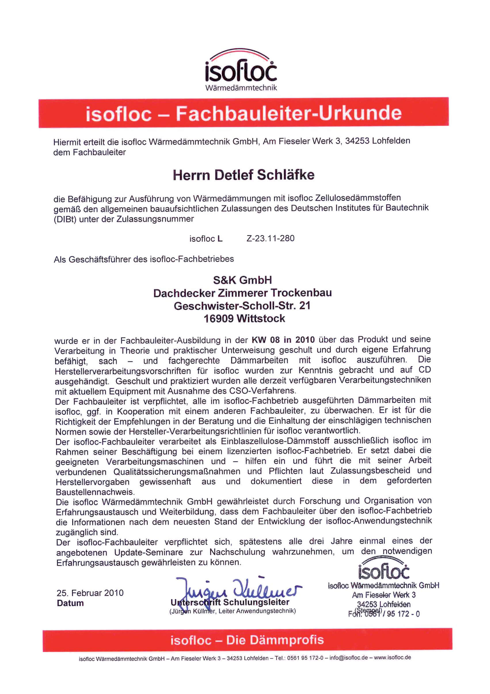 Isofloc - Fachbauleiter-Urkunde 